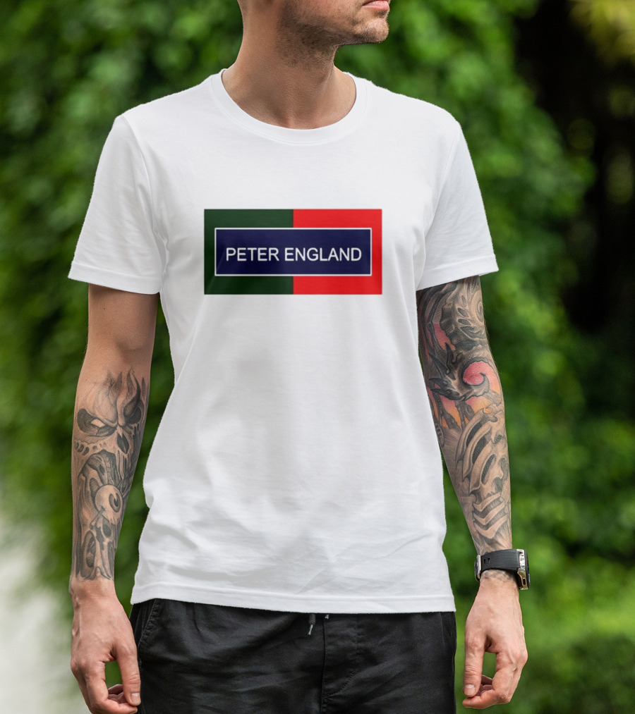 PETER ENGLAND Black Background Rectangular Logo With Green And Red Blocks T-Shirt