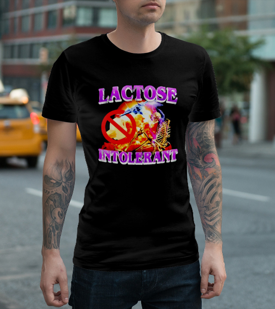 LACTOSE INTOLERANT No Dairy Apocalypse Skeleton Explosion Fighter Jet T-Shirt