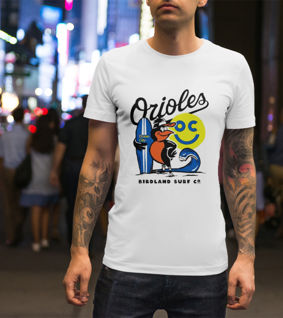Orioles Ocean City Birdland Surf Co Smiley Surfboard Wave T-Shirt