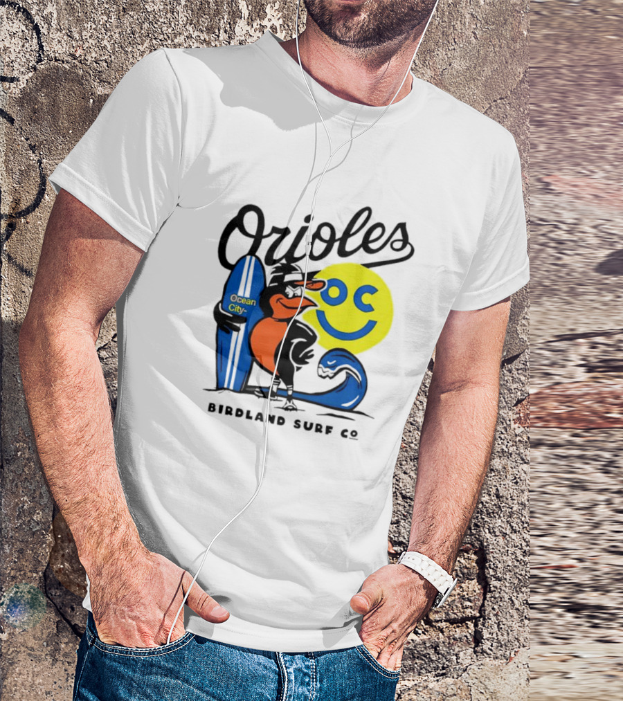 Orioles Ocean City Birdland Surf Co Smiley Surfboard Wave T-Shirt