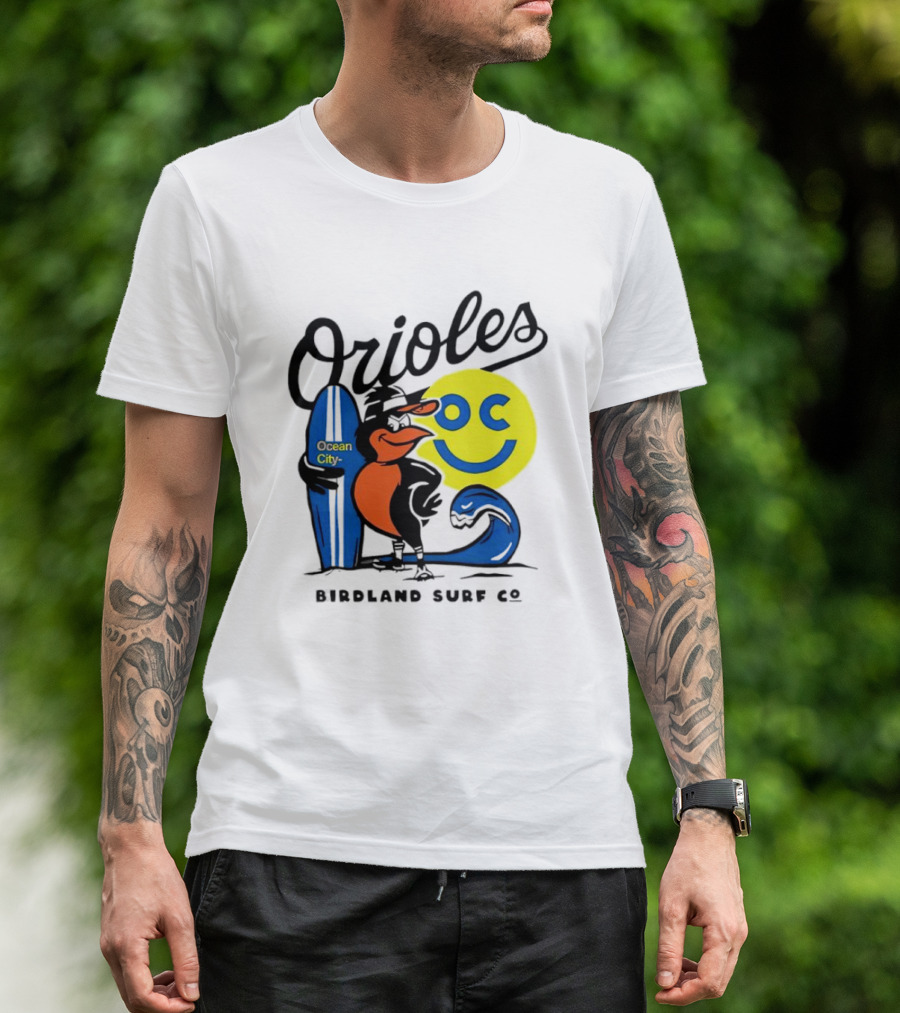 Orioles Ocean City Birdland Surf Co Smiley Surfboard Wave T-Shirt