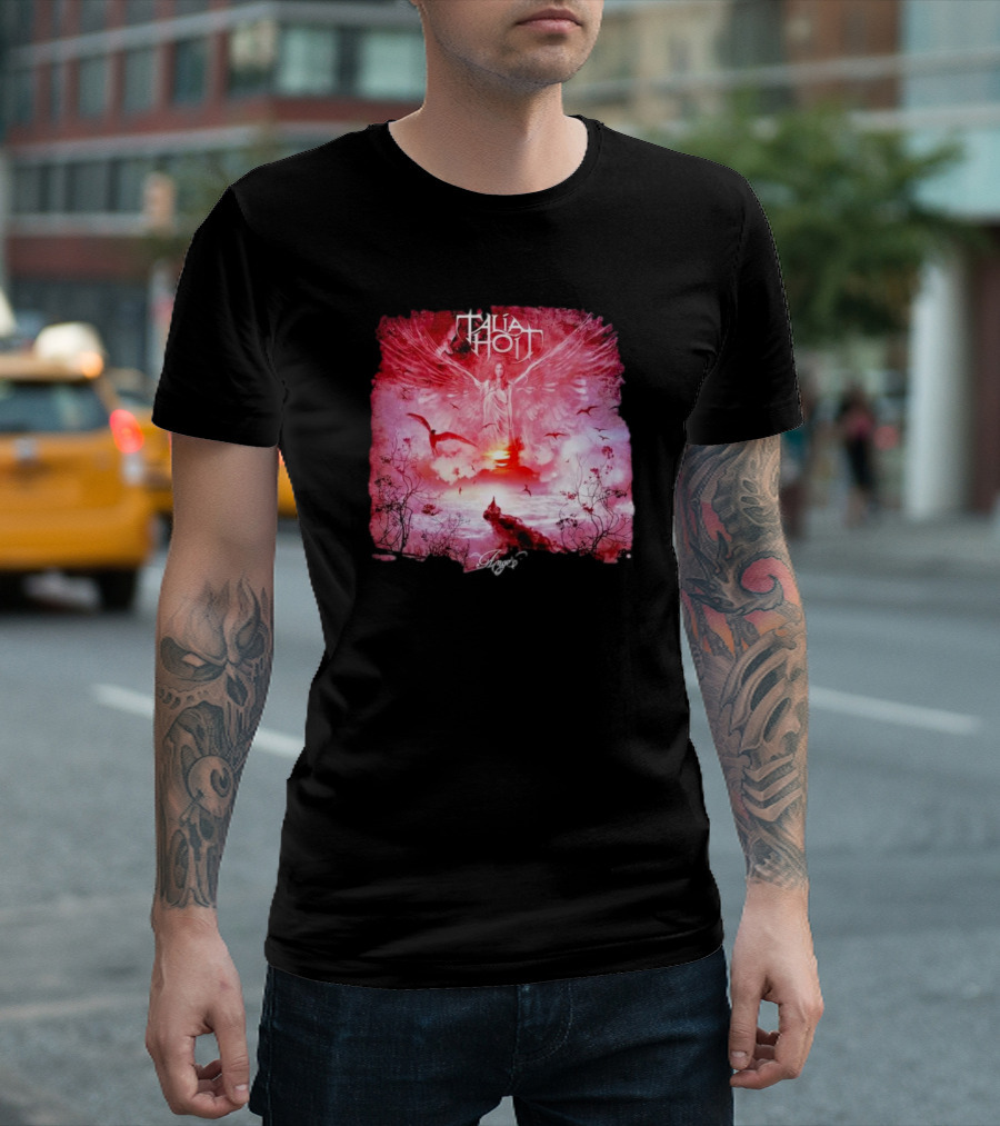 Talia Hoit Angel Red Winged Figure with Birds and Sunset T-Shirt