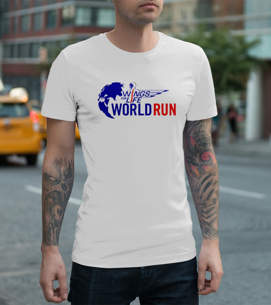 Wings for Life World Run Blue and Red Globe and Wings T-Shirt