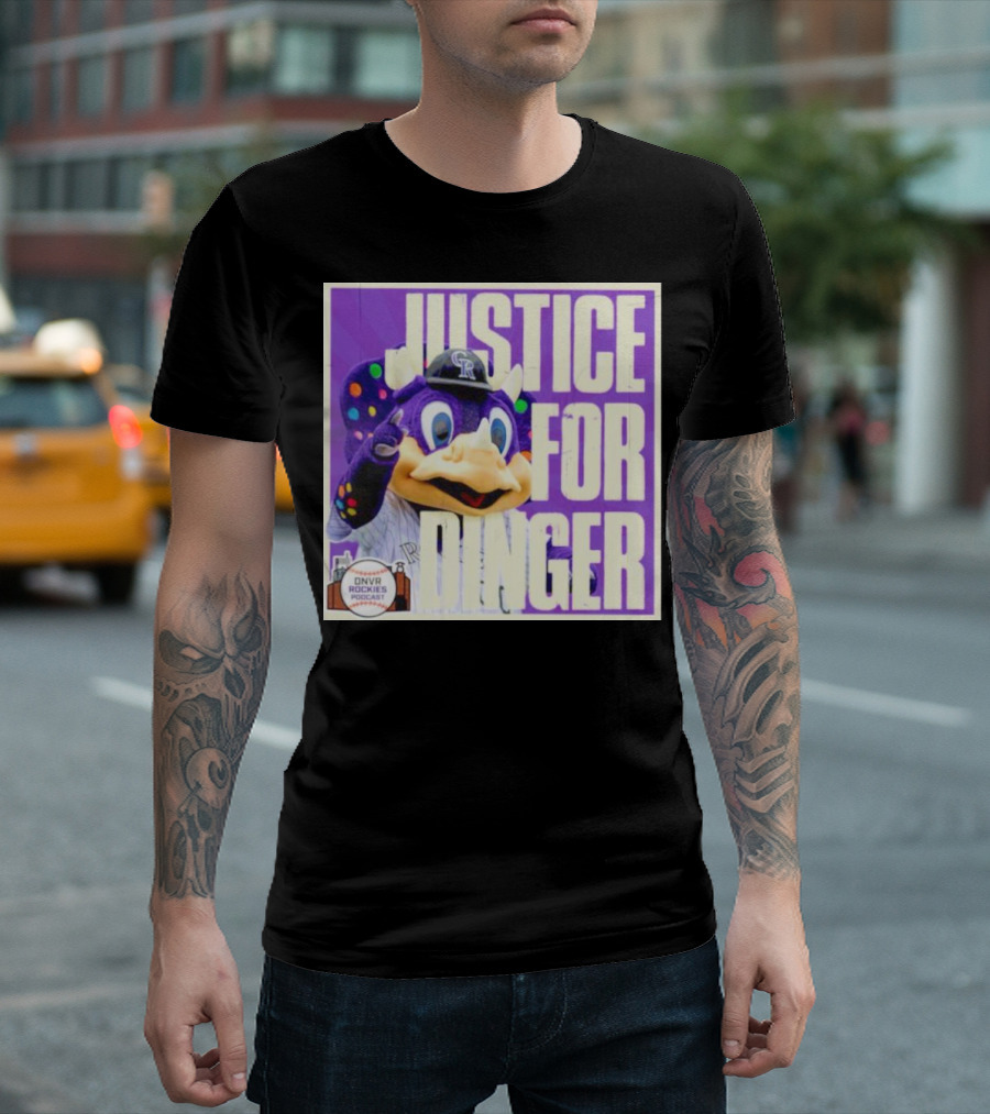 Colorado Rockies Justice for Dinger DNVR Rockies Podcast T-Shirt