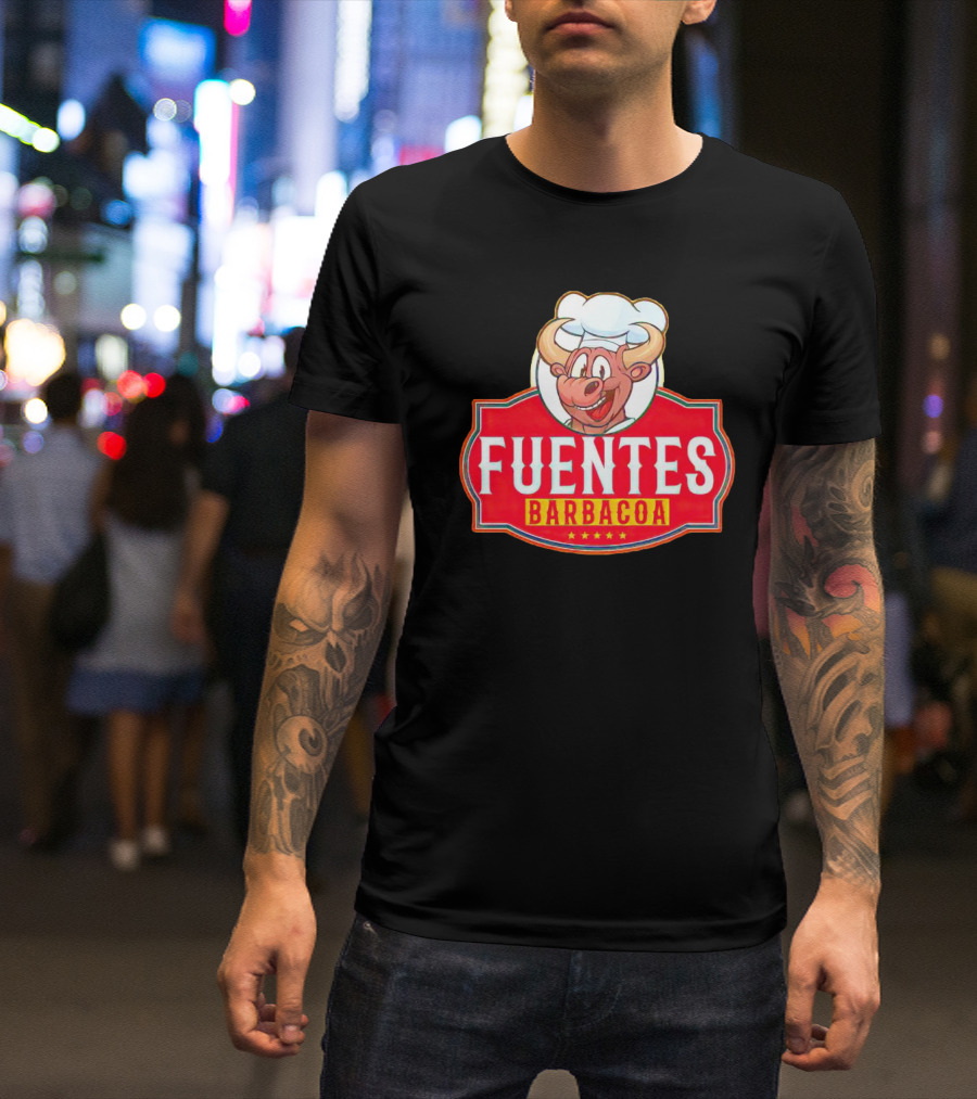 Fuentes Barbacoa Chef Cow Logo On Red Badge T-Shirt