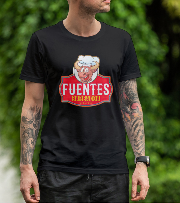 Fuentes Barbacoa Chef Cow Logo On Red Badge T-Shirt