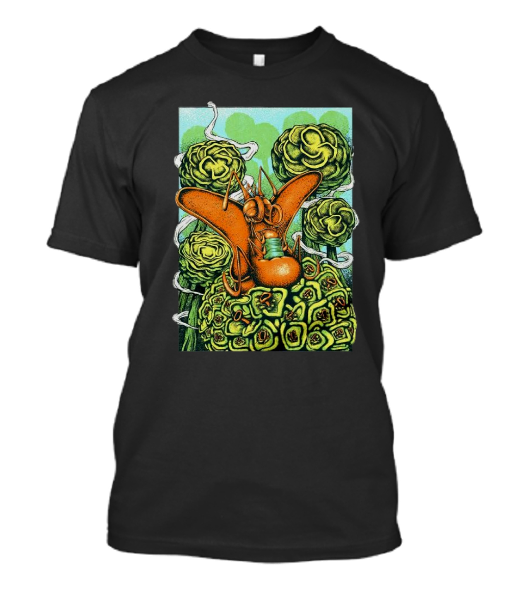Chill Fly On Vibrant Green Floral Background T-Shirt