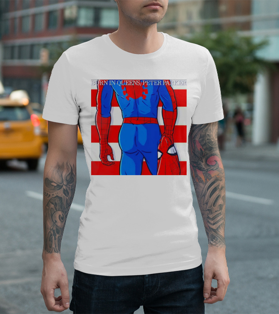 Born in Queens Peter Parker Spider-Man Holding Mask with Red and White Stripes T-Shirt