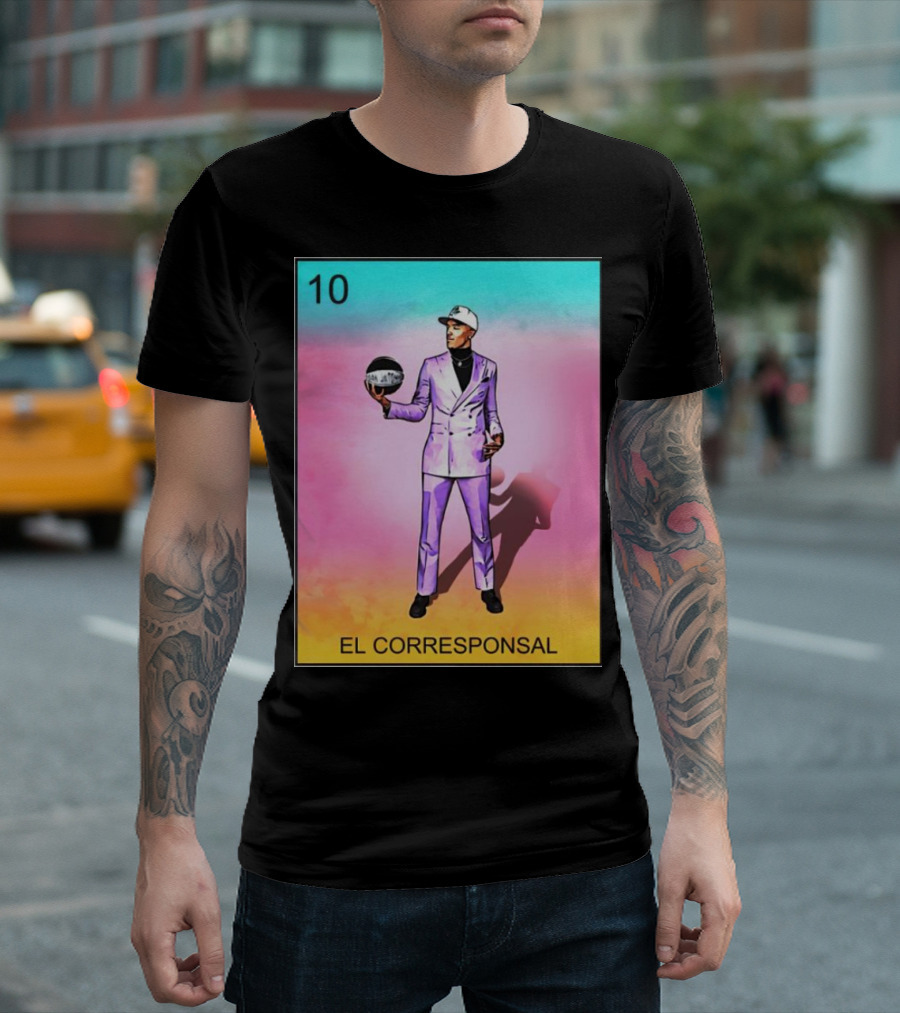 10 El Corresponsal Lotería Card Style in Lavender Suit Holding Basketball T-Shirt