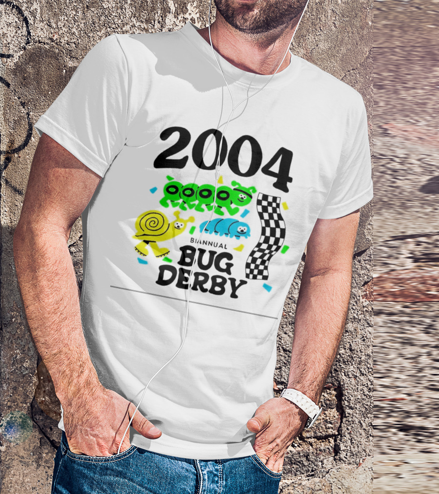 2004 Biannual Bug Derby Colorful Cartoon Caterpillars With Checkered Flag T-Shirt
