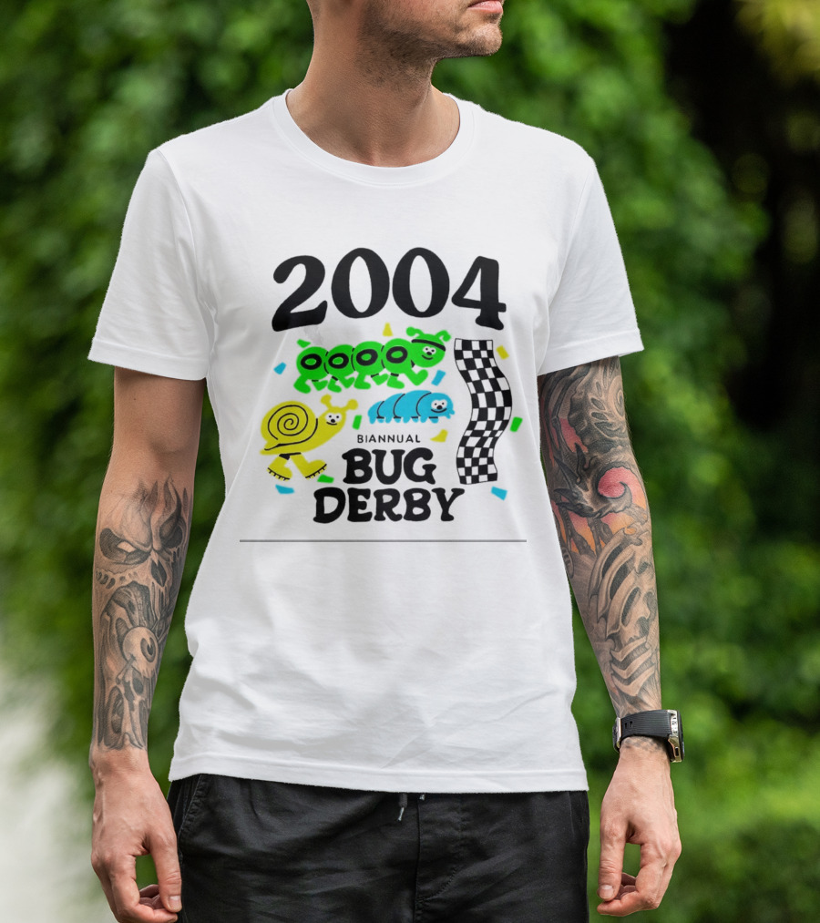 2004 Biannual Bug Derby Colorful Cartoon Caterpillars With Checkered Flag T-Shirt