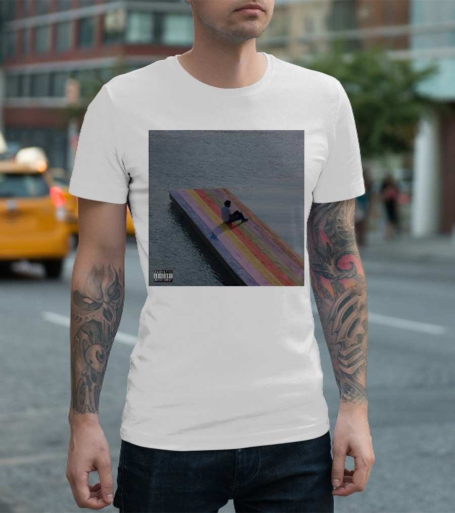 Baby Keem The Melodic Blue Album Cover Sitting on Colorful Dock in Water T-Shirt