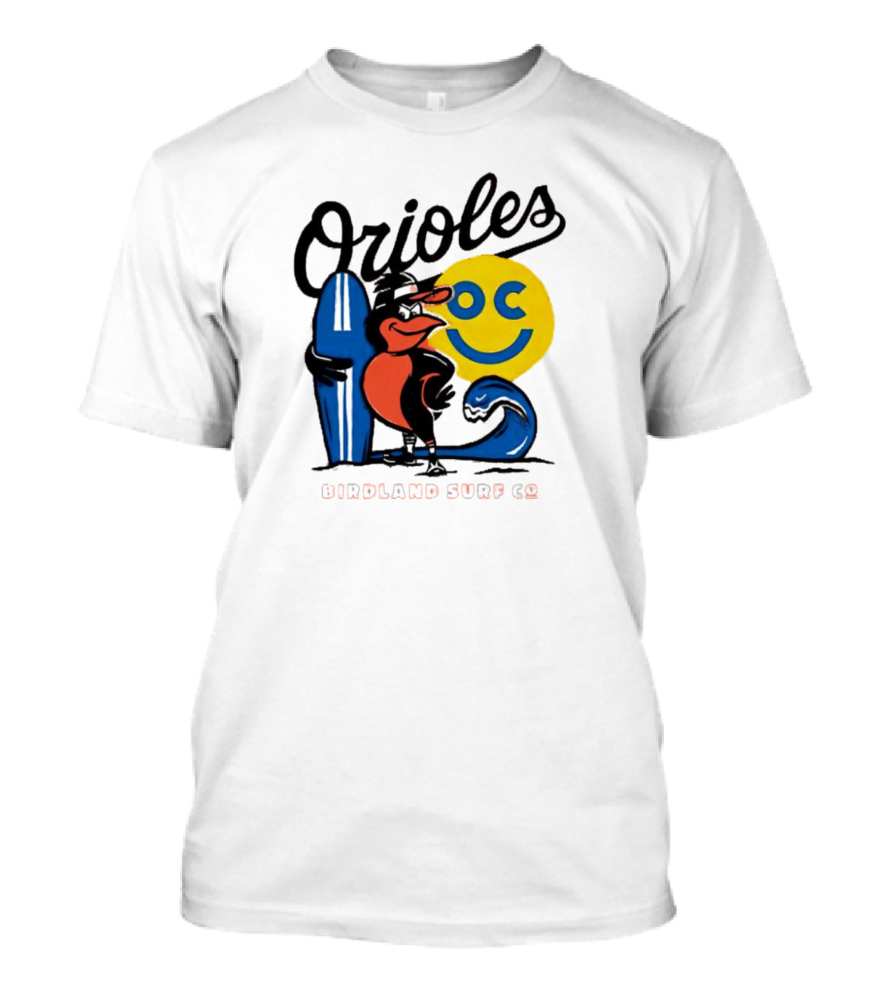 Orioles Birdland Surf Co Smiling Sun Surfboard T-Shirt