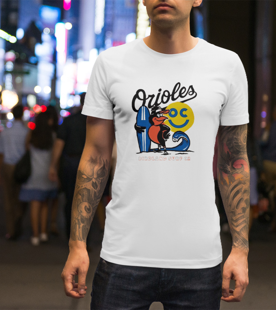 Orioles Birdland Surf Co Smiling Sun Surfboard T-Shirt