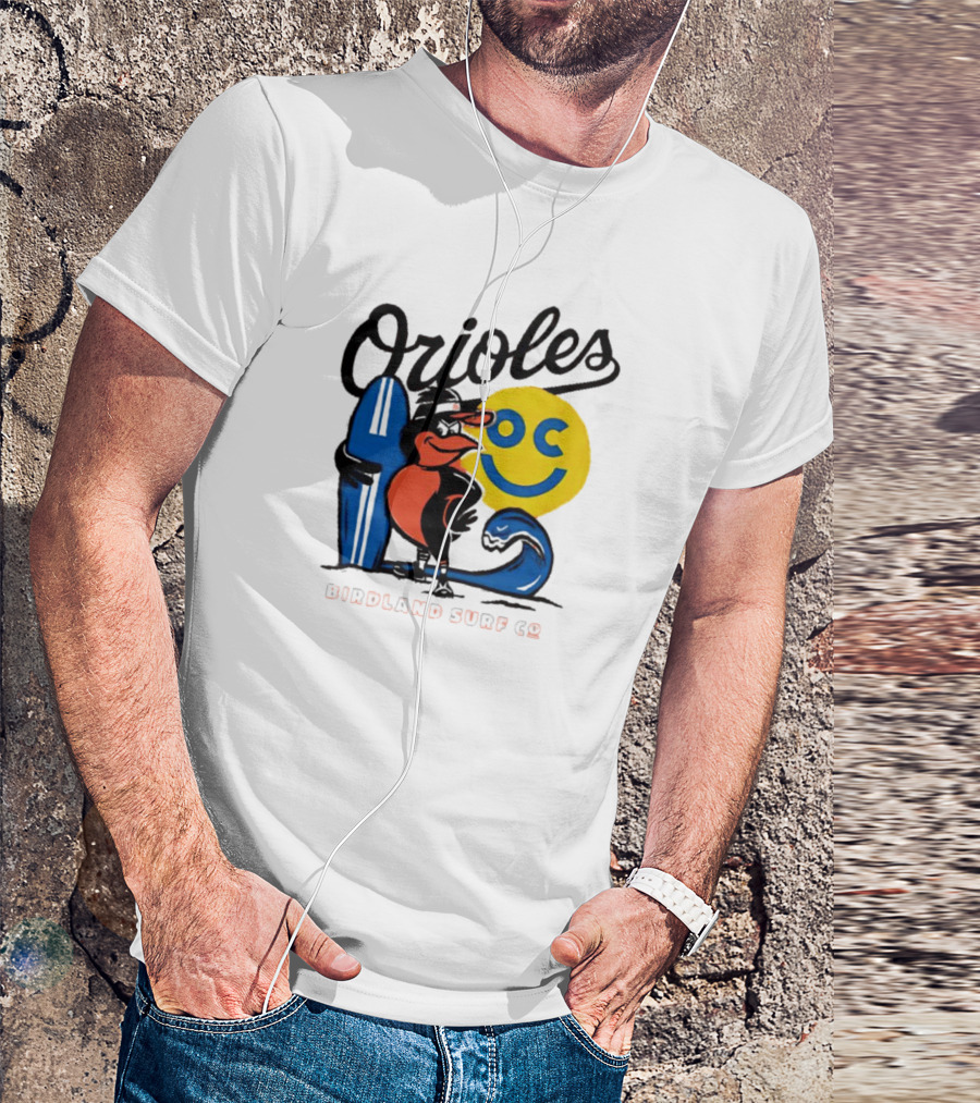 Orioles Birdland Surf Co Smiling Sun Surfboard T-Shirt