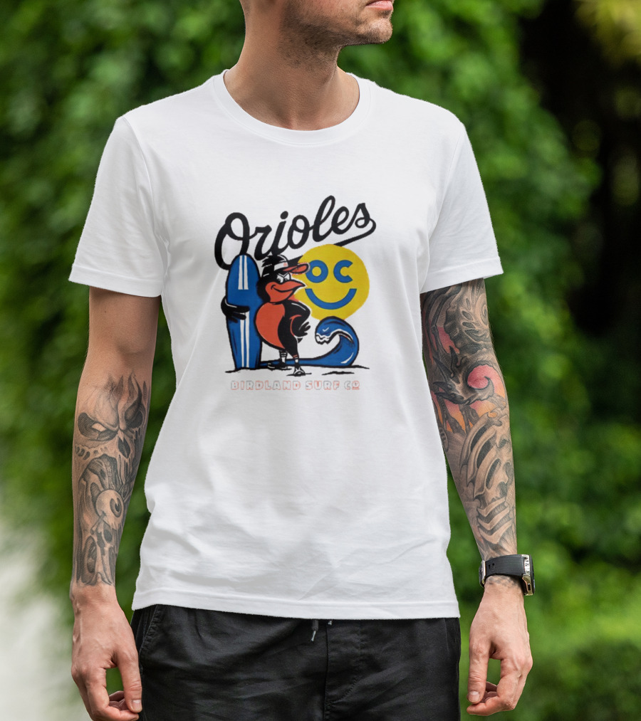 Orioles Birdland Surf Co Smiling Sun Surfboard T-Shirt
