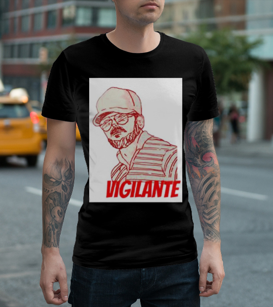 Gary Plauche Red Sketch Illustration with Vigilante Text T-Shirt