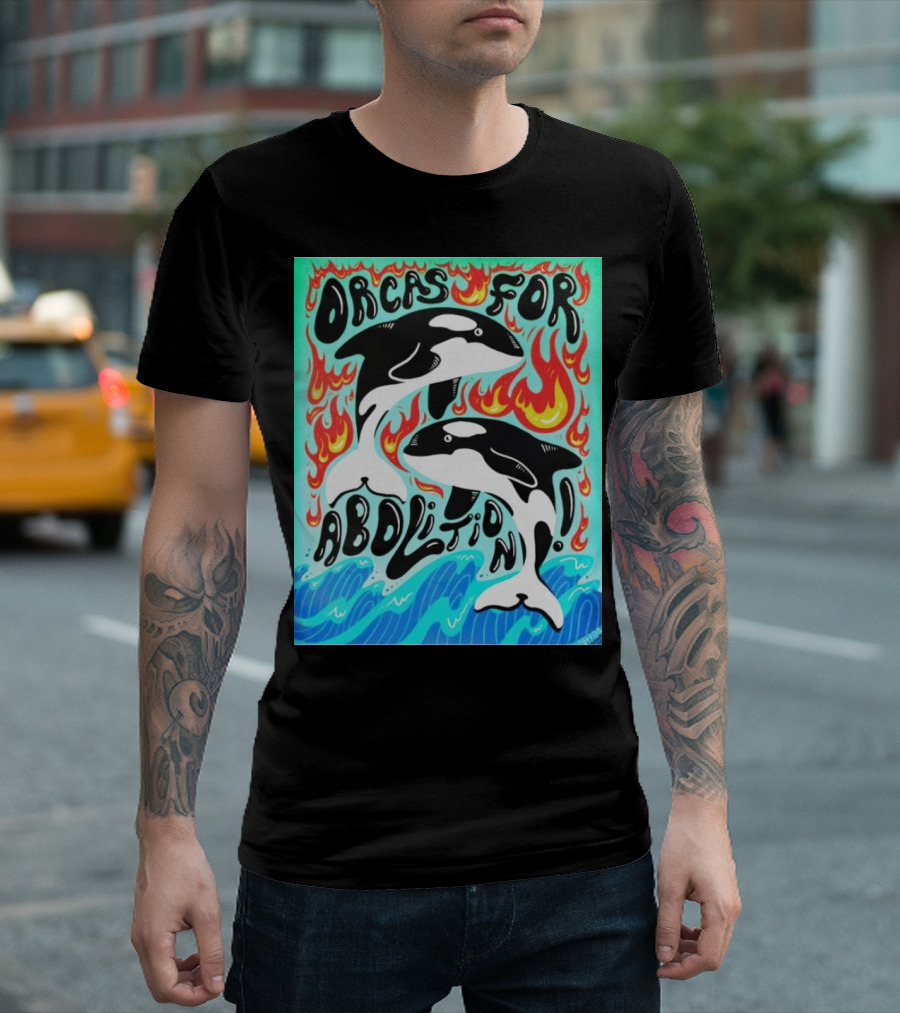 Orcas for Abolition Ocean Waves and Flames T-Shirt