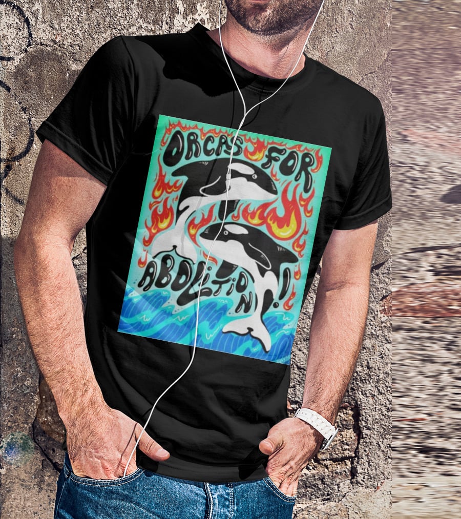 Orcas For Abolition Ocean Waves And Flames T-Shirt