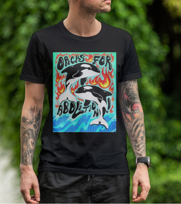 Orcas For Abolition Ocean Waves And Flames T-Shirt