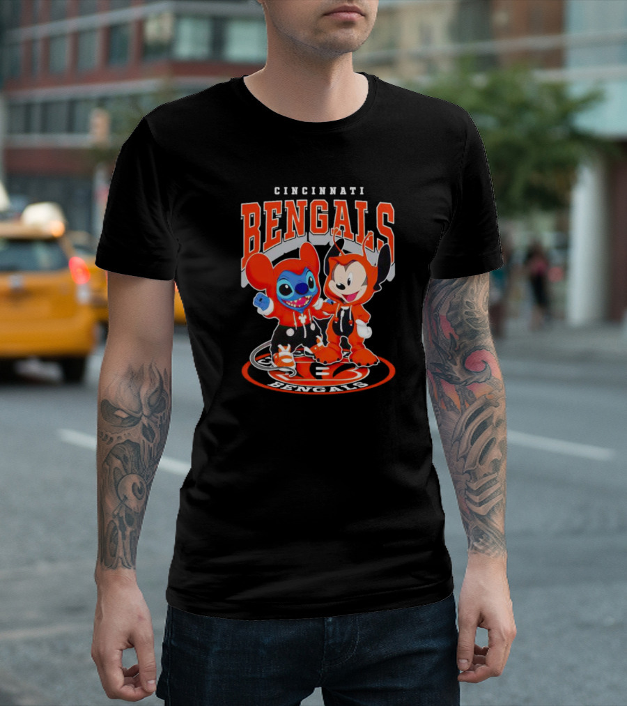 Cincinnati Bengals Mickey and Stitch NFL Collaboration T-Shirt
