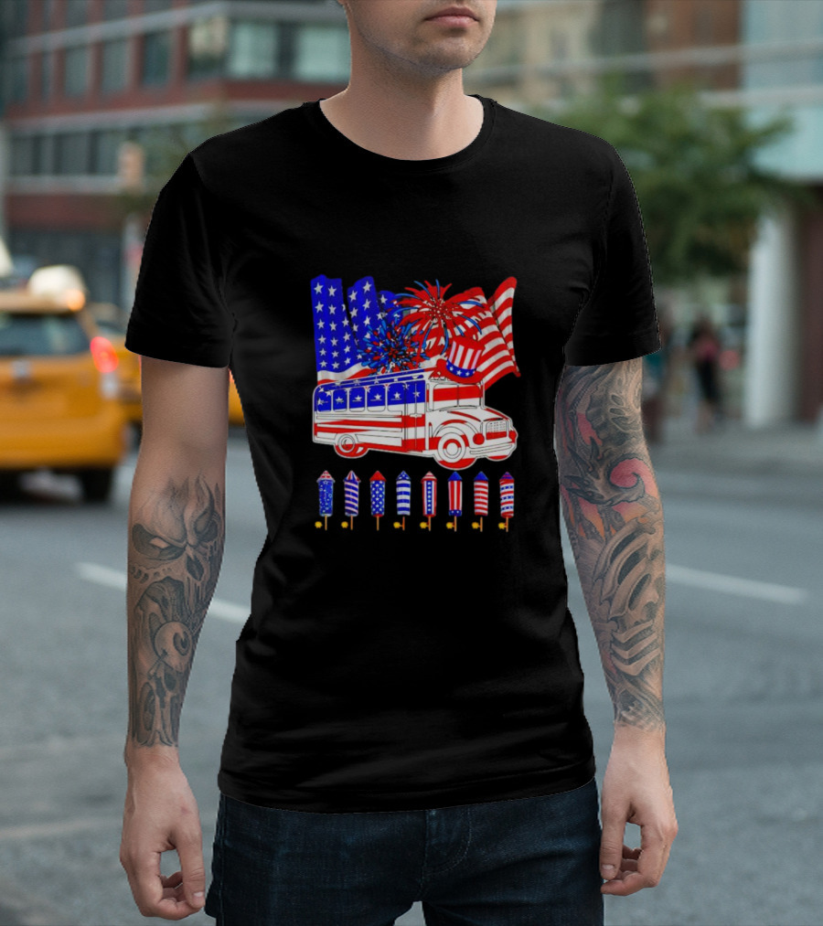 School Bus Fireworks American Flag Happy 4th of July T-Shirt