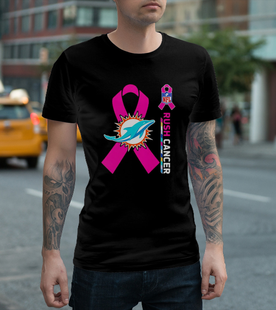 Miami Dolphins NFL Rush Cancer Pink Ribbon Emblem T-Shirt