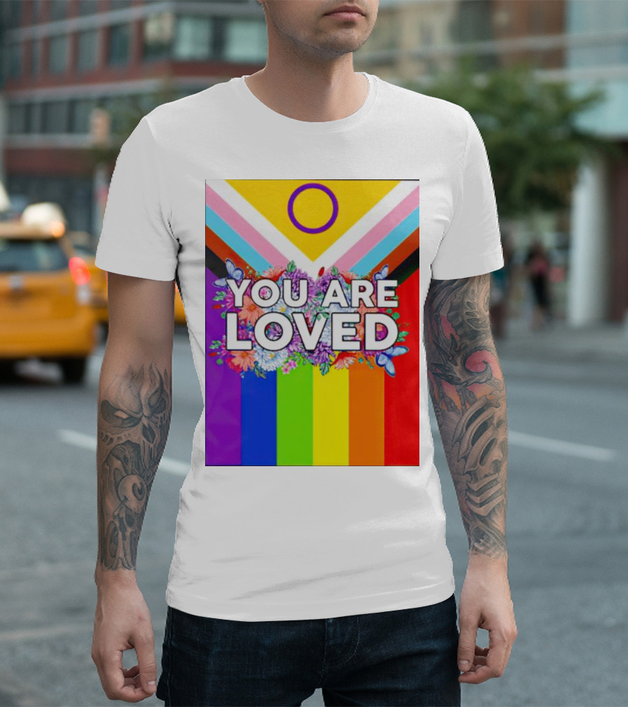 You Are Loved Pride Flag Intersex Inclusion Rainbow Floral Butterflies T-Shirt