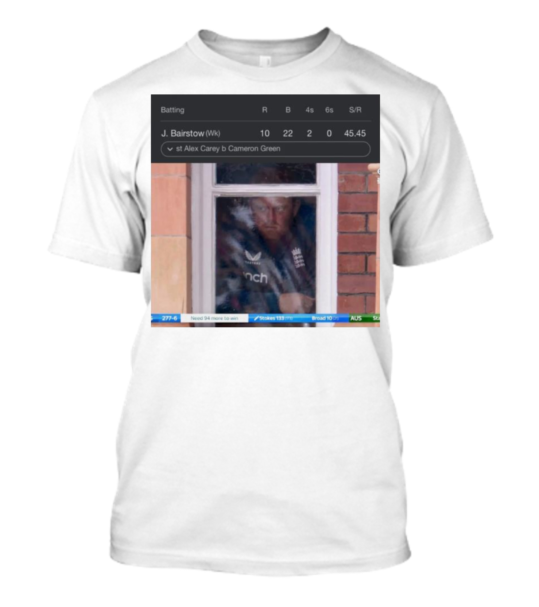 England Cricketer J. Bairstow Dismissed By Alex Carey And Cameron Green During Match Displayed On Scoreboard T-Shirt