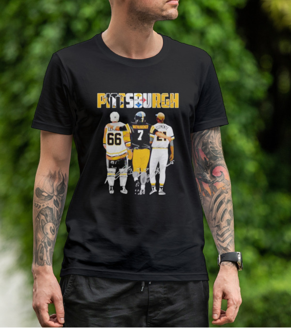 Pittsburgh Penguins Lemieux Steelers Roethlisberger Pirates Clemente Signature T-Shirt