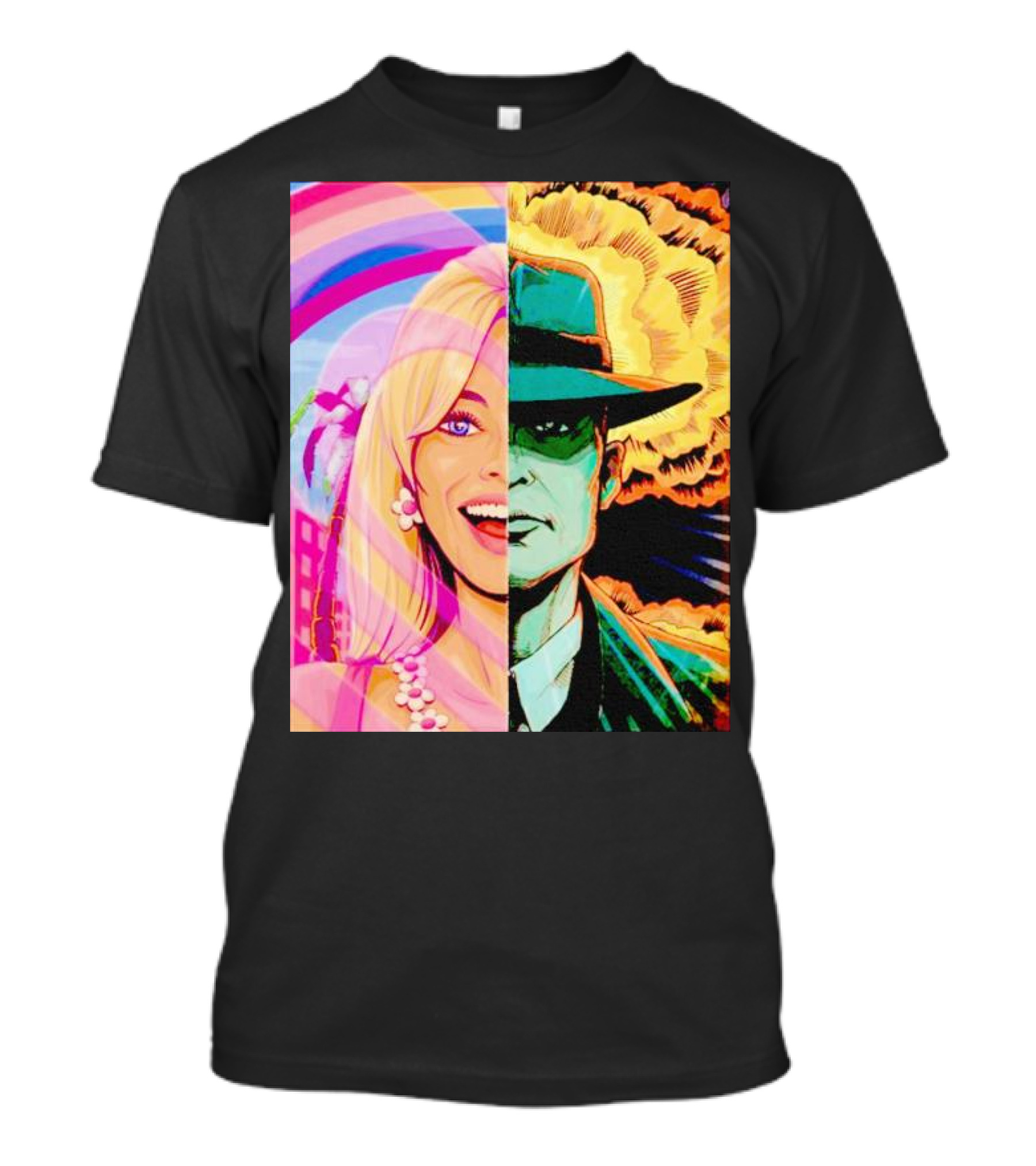 Barbie Oppenheimer Split Face With Retro Pop Art Style And Explosion Background T-Shirt