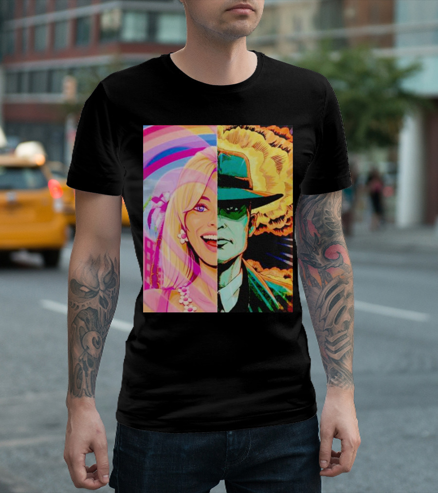Barbie Oppenheimer Split Face With Retro Pop Art Style And Explosion Background T-Shirt