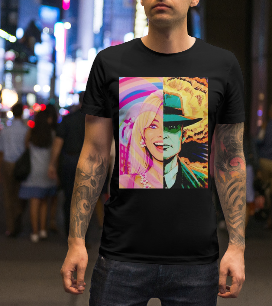 Barbie Oppenheimer Split Face With Retro Pop Art Style And Explosion Background T-Shirt