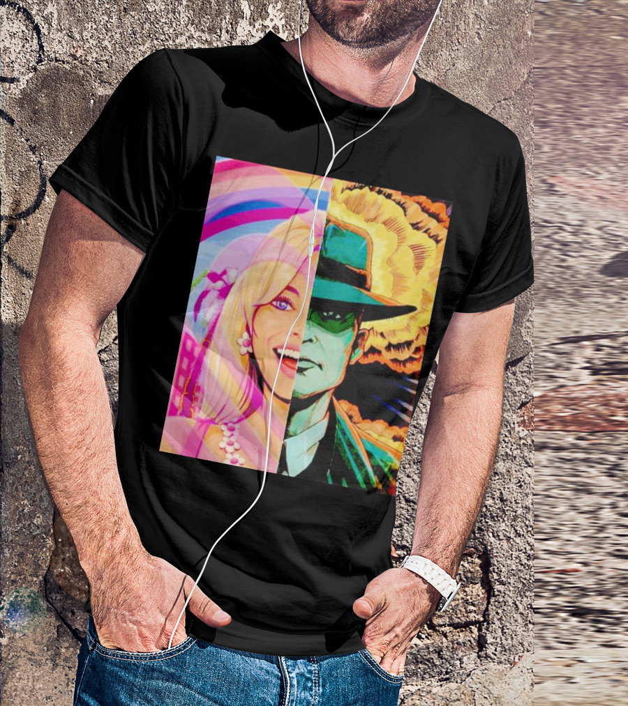 Barbie Oppenheimer Split Face With Retro Pop Art Style And Explosion Background T-Shirt