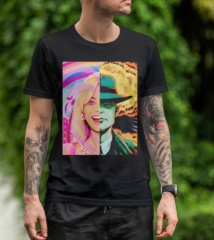 Barbie Oppenheimer Split Face With Retro Pop Art Style And Explosion Background T-Shirt