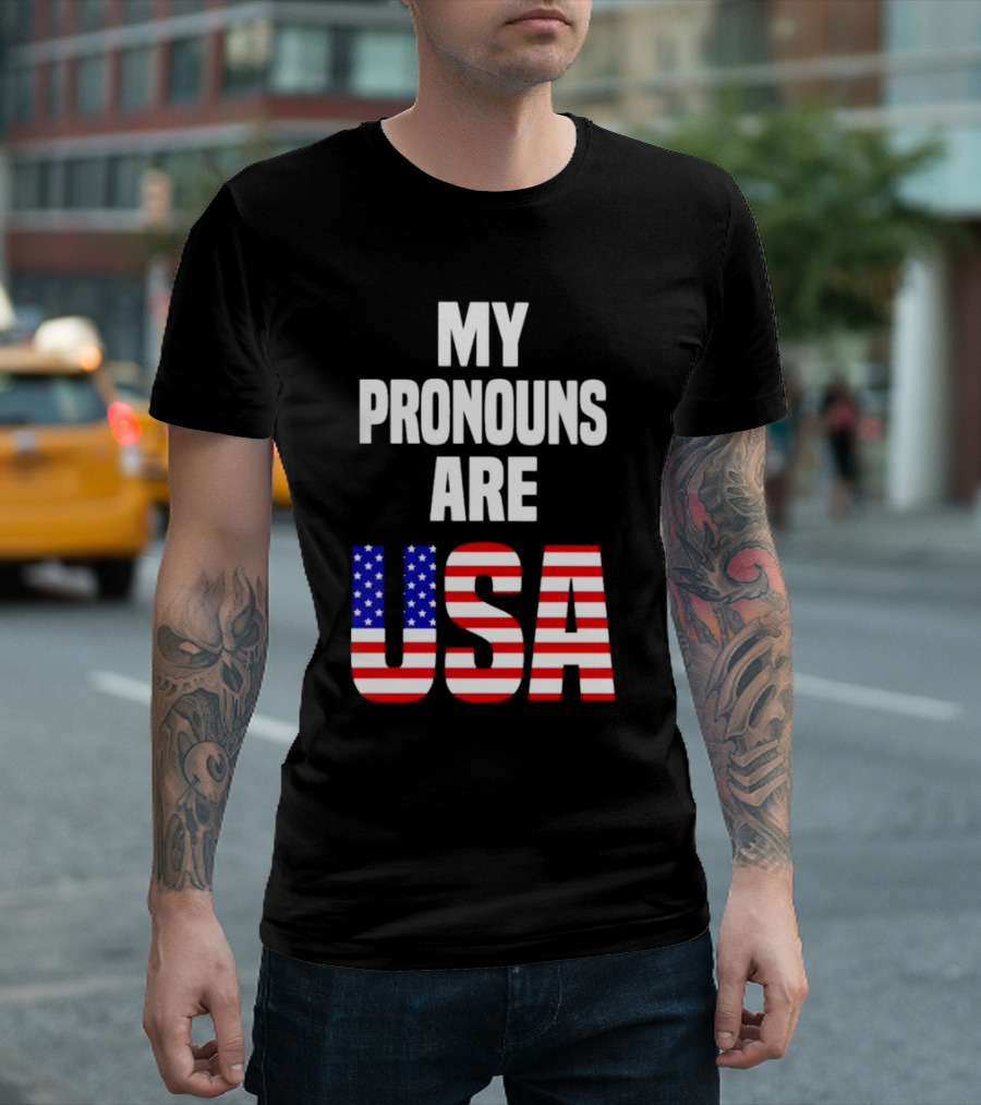 My Pronouns Are USA Flag Text Online Merchandise T-Shirt