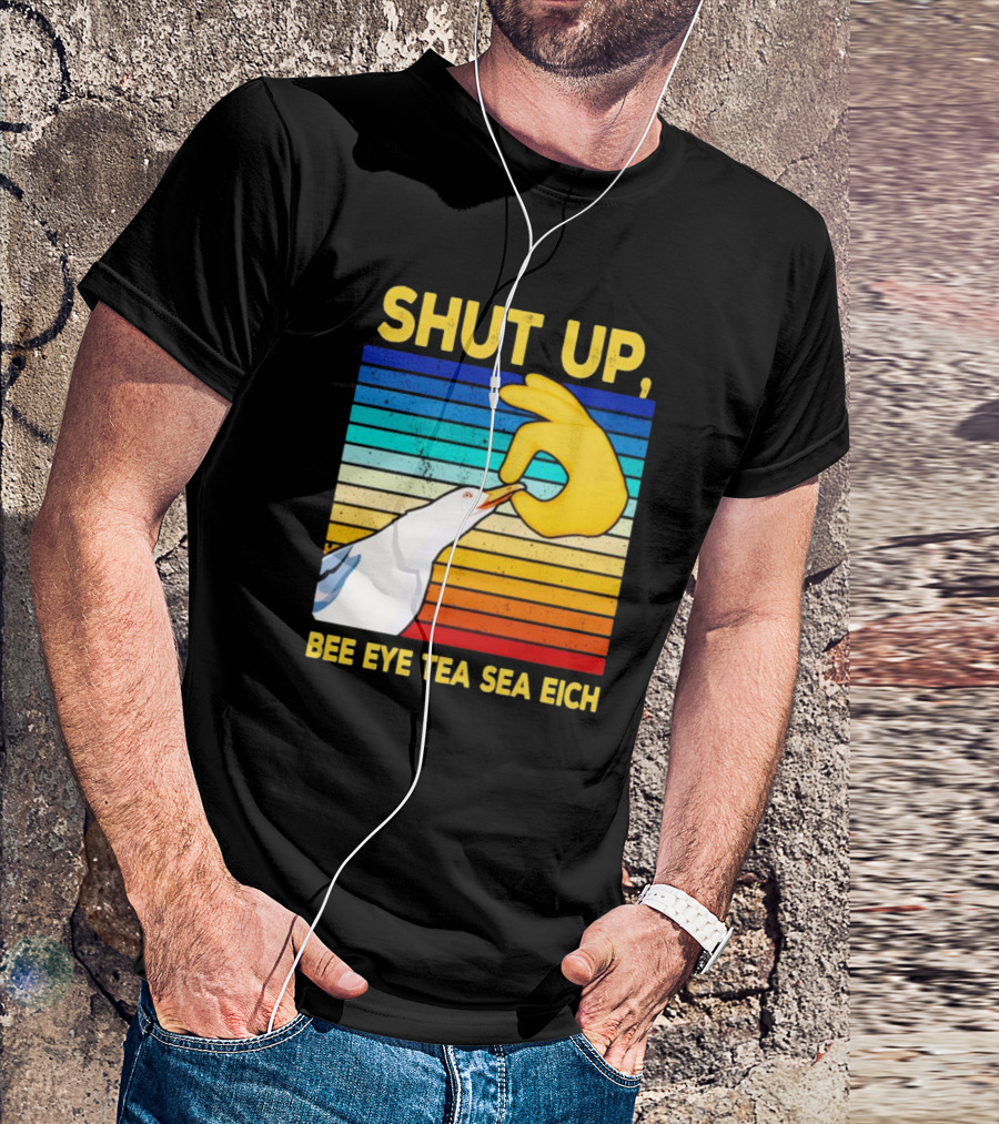 SHUT UP BEE EYE TEA SEA EICH Seagull Yellow Hand Rainbow Stripes T-Shirt