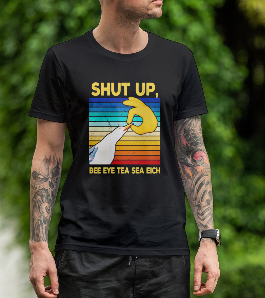 SHUT UP BEE EYE TEA SEA EICH Seagull Yellow Hand Rainbow Stripes T-Shirt
