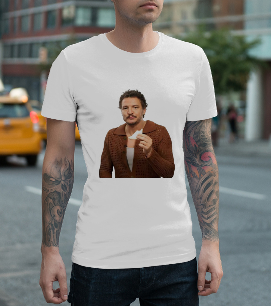 Pedro Pascal Holding Sandwich In Brown T-Shirt