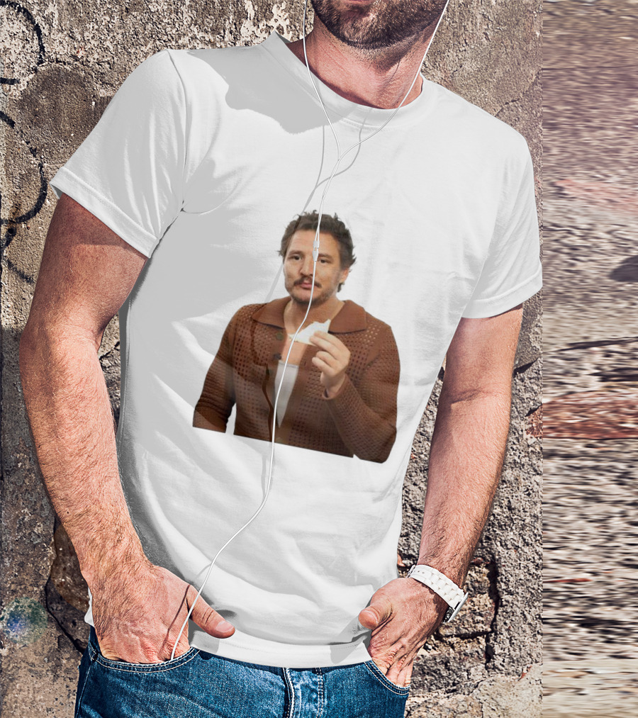 Pedro Pascal Holding Sandwich In Brown T-Shirt
