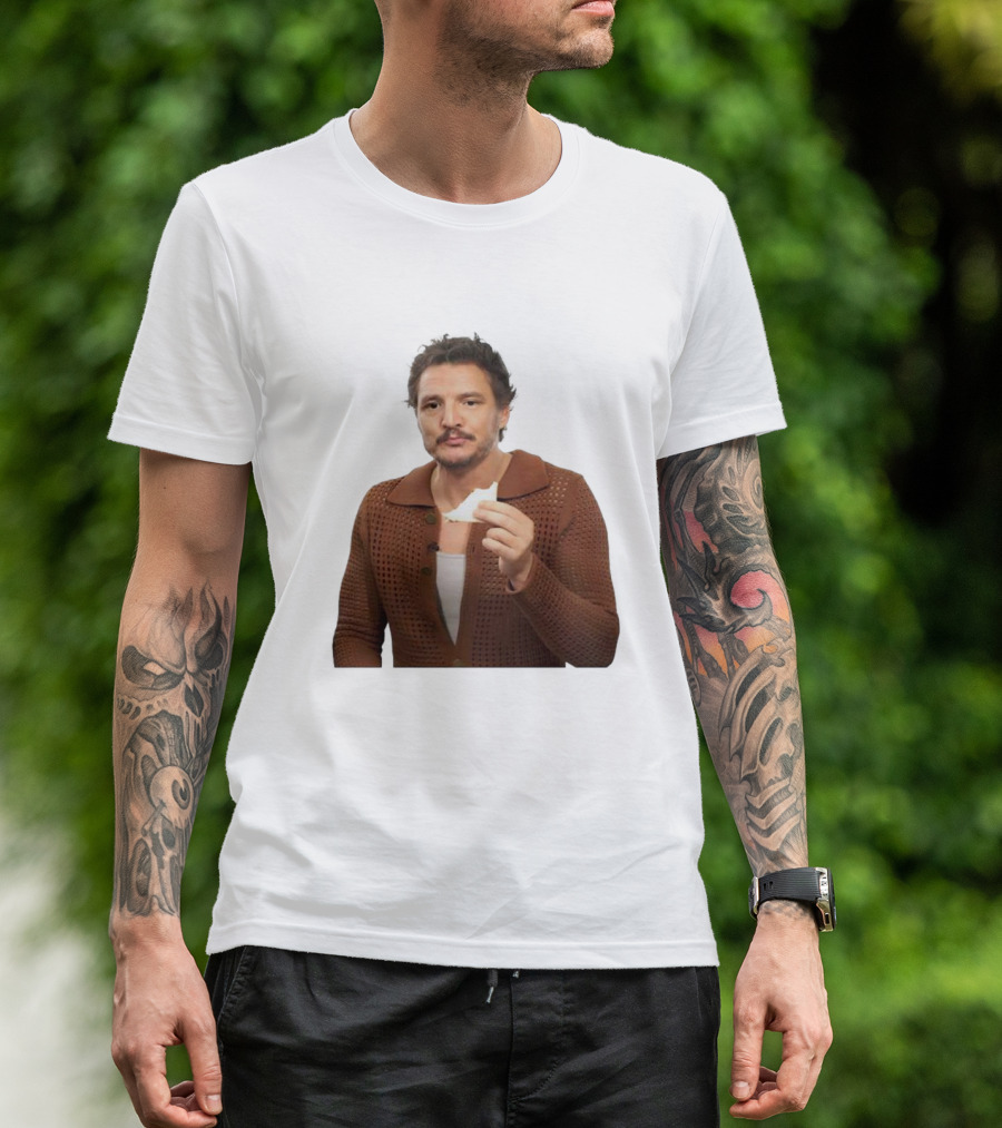 Pedro Pascal Holding Sandwich In Brown T-Shirt