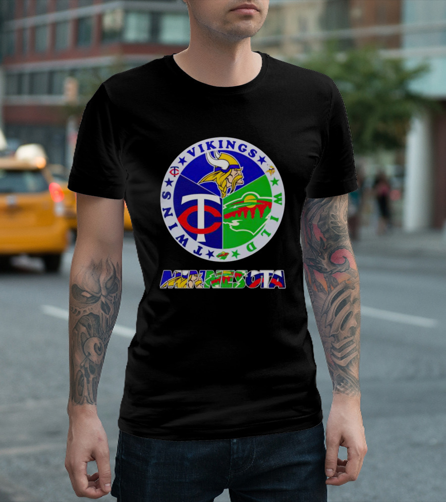 Minnesota Vikings Twins Wild Logos Circle and Colorful Minnesota Text T-Shirt