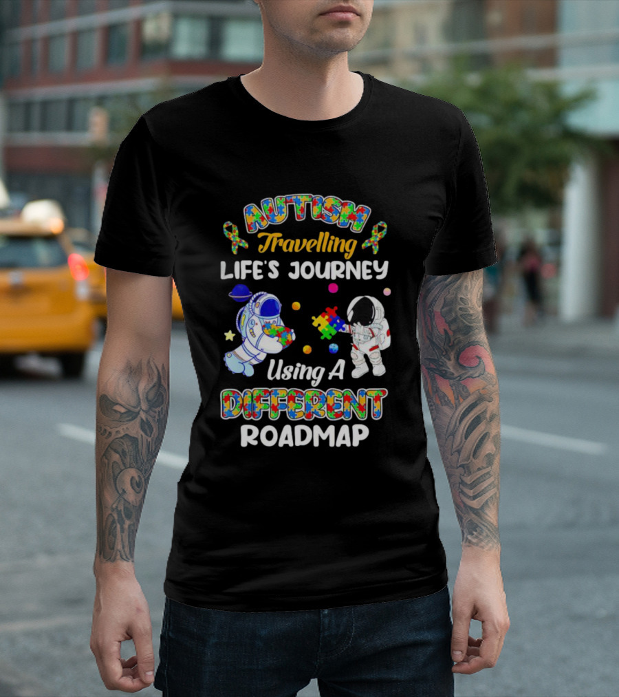 Autism Travelling Life's Journey Using a Different Roadmap with Astronauts and Puzzle Pieces T-Shirt