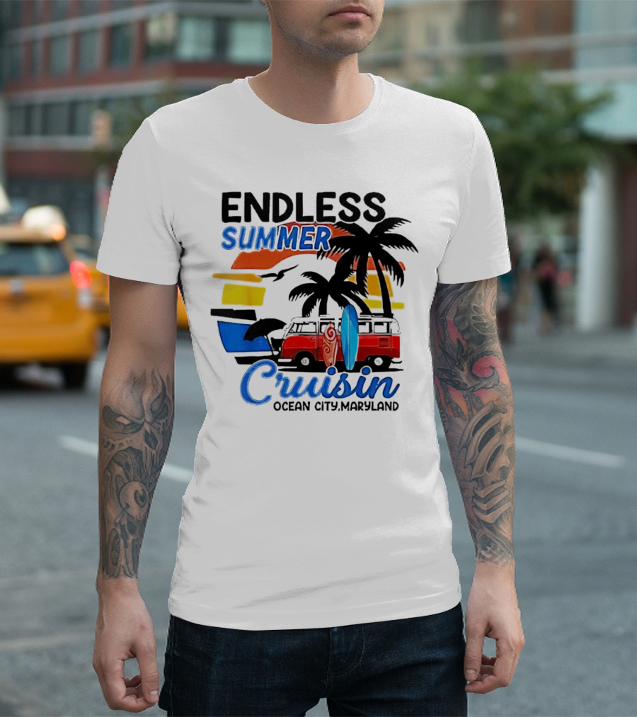 Endless Summer Cruisin Ocean City Maryland Vintage Sunset Surfboard Van Palm Trees T-Shirt