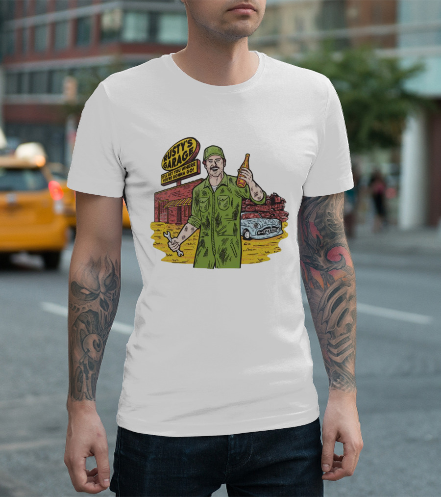 Rusty’s Garage It’ll Get You Where You’re Gonna Go Retro Mechanic Holding Wrench and Drink with Vintage Car and Workshop Scene T-Shirt