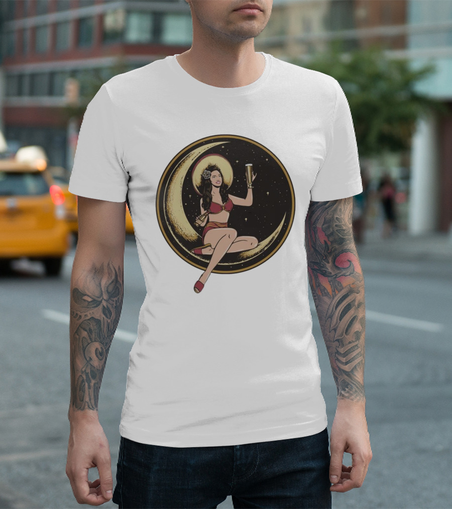 Moon Lady with Beer in Red Bikini Sitting on Crescent T-Shirt