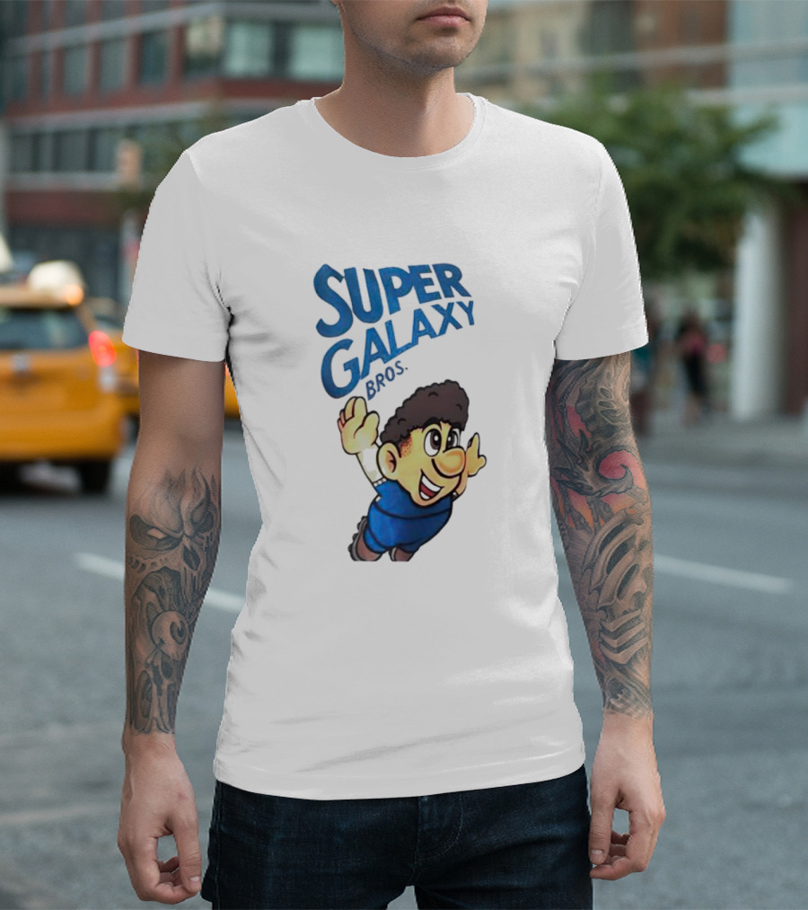 Super Galaxy Bros Flying Character In Blue T-Shirt