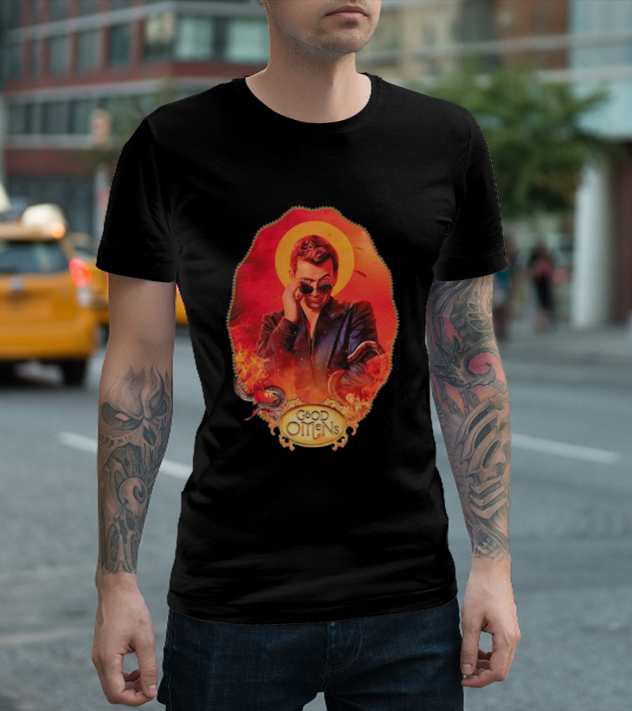 Good Omens Crowley with Flames and Serpent Halo T-Shirt