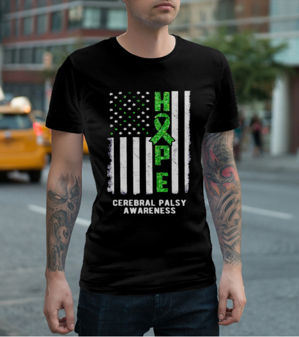 Hope American Flag Green Ribbon Cerebral Palsy Awareness T-Shirt