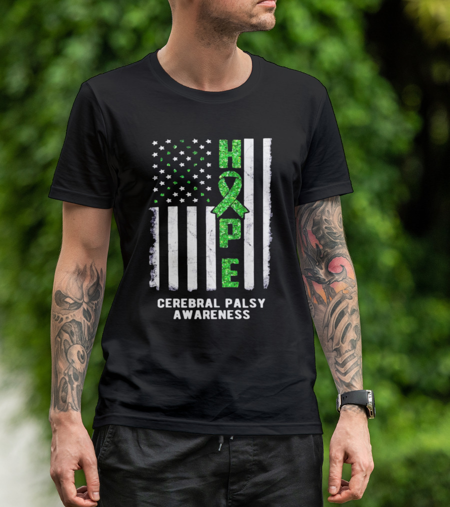 Hope American Flag Green Ribbon Cerebral Palsy Awareness T-Shirt